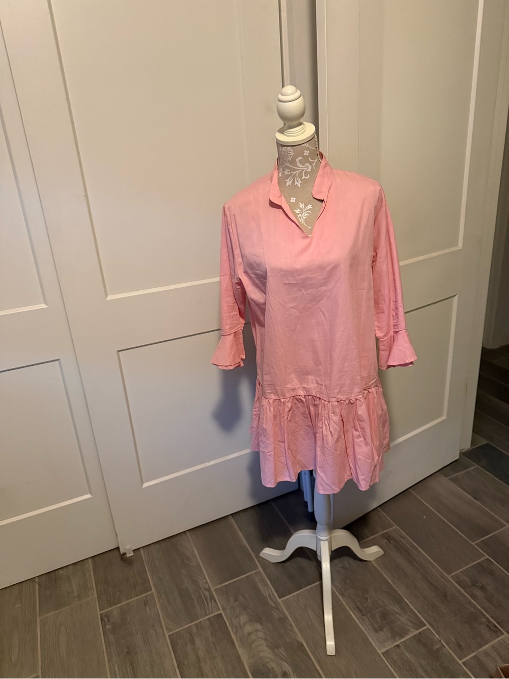 Relaxed Pink Ruffle-Hem Tunic with V-Neck